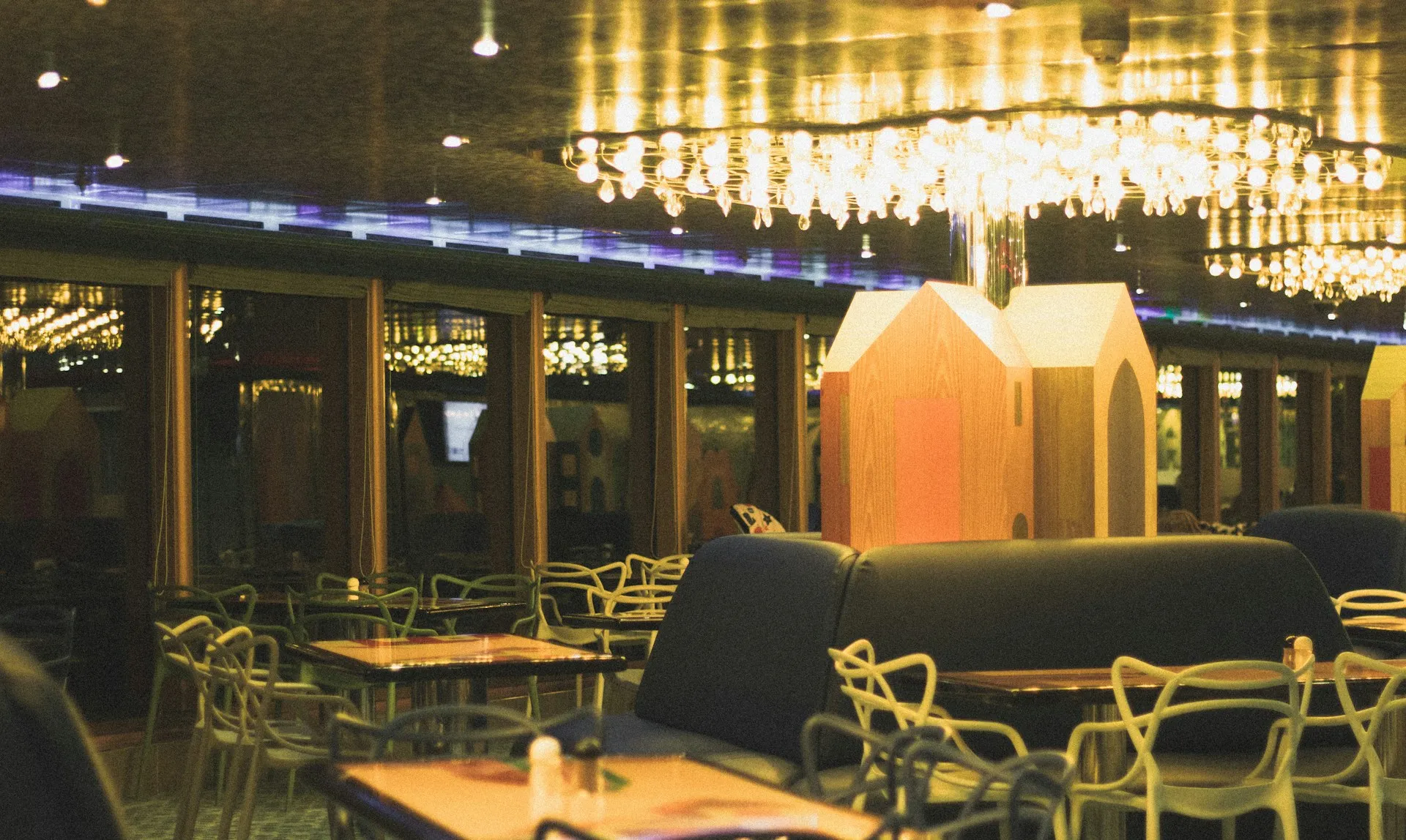 A warm restaurant dining room
